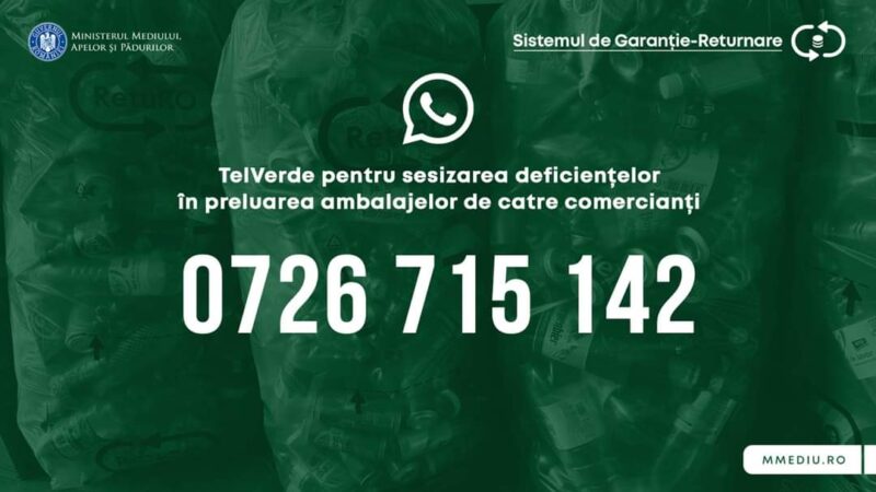 TELVERDE la care cetățenii pot face sesizări și reclamații pe whatsapp, referitoare la dificultățile în preluarea ambalajelor SGR Autoritățile au lansat ieri un număr TELVERDE la care cetățenii pot face sesizări și reclamații pe whatsapp, referitoare la dificultățile în preluarea ambalajelor SGR.