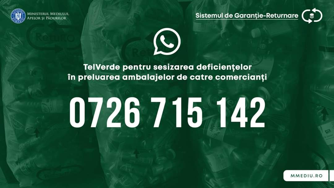 Autoritățile au lansat ieri un număr TELVERDE la care cetățenii pot face sesizări și reclamații pe whatsapp, referitoare la dificultățile în preluarea ambalajelor SGR.