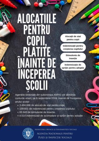 Alocațiile și indemnizațiile pentru copii vor fi plătite înainte de începerea școlii! Agenția Națională pentru Plăți și Inspecție Socială, prin agențiile teritoriale efectuează plățile în avans, față de data fixată