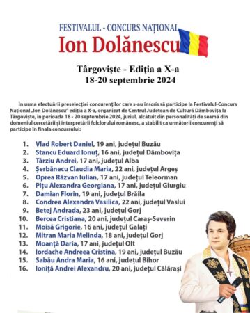 Au fost desemnați cei 16 finaliști ai Festivalului-Concurs Național "Ion Dolănescu", ediția a X-a din 2024. Juriul a avut sarcina dificilă