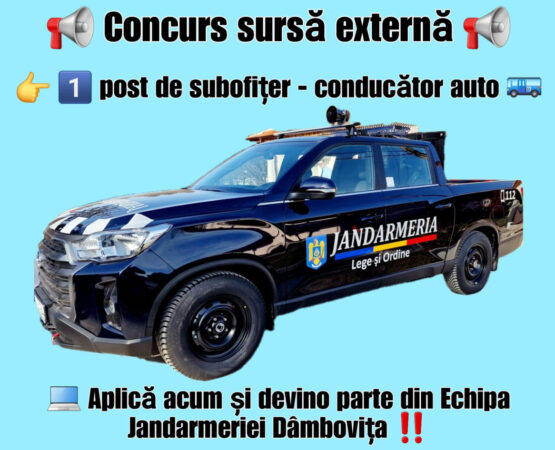 Jandarmeria Dâmbovița scoate la concurs un post de subofițer (conducător auto) cu încadrare din sursă externă.