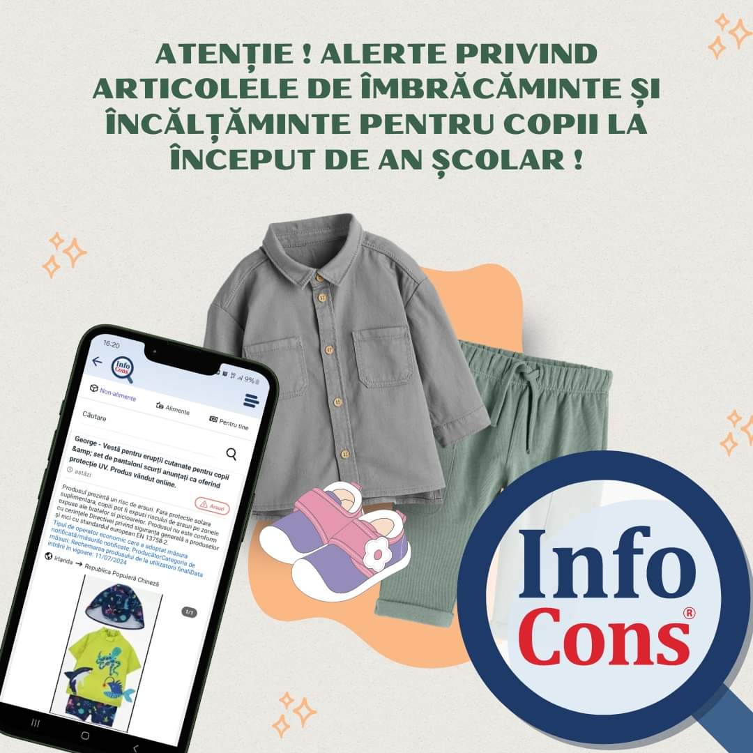 InfoCons avertizează asupra pericolelor privind articolelor de îmbrăcăminte și încălțăminte pentru copii