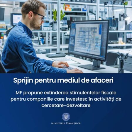 O nouă măsură de sprijin pentru mediul de afaceri, care vizează extinderea beneficiilor fiscale pentru investițiile în cercetare-dezvoltare Ministerul Finanțelor propune o nouă măsură de sprijin pentru mediul de afaceri, care vizează extinderea beneficiilor fiscale pentru investițiile în cercetare-dezvoltare.