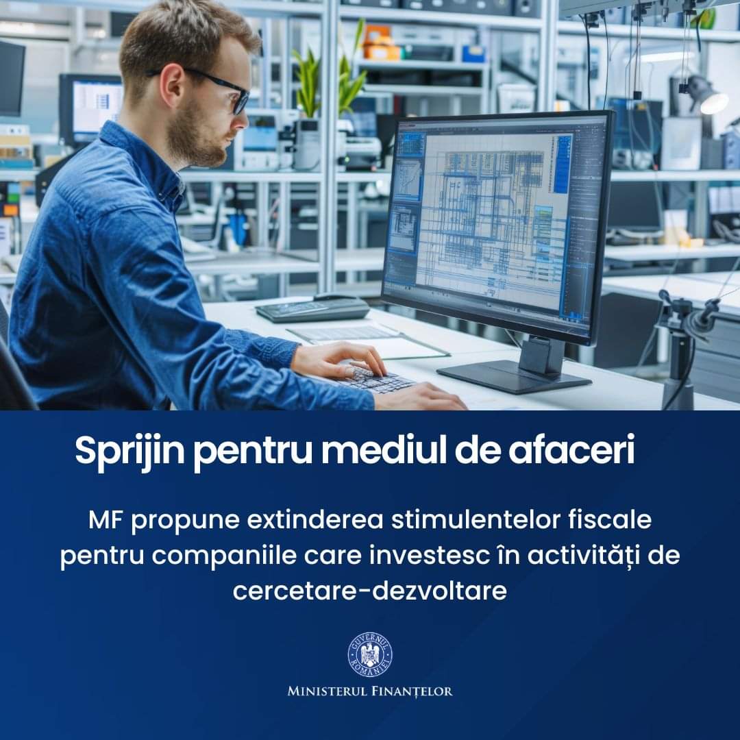 Ministerul Finanțelor propune o nouă măsură de sprijin pentru mediul de afaceri, care vizează extinderea beneficiilor fiscale pentru investițiile în cercetare-dezvoltare.