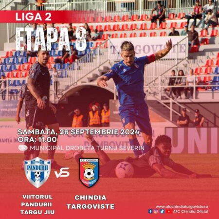 În etapa a 8-a din Liga 2, ACS Viitorul Pandurii Târgu Jiu se va confrunta cu AFC Chindia Târgovişte pe stadionul Municipal din Drobeta-Turnu Severin.