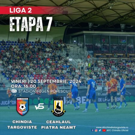 Astăzi este mare meci pe Stadionul Eugen Popescu: Chindia Târgoviște se va confrunta cu Ceahlăul Piatra Neamț Într-un meci așteptat cu interes de către fanii fotbalului, Chindia Târgoviște se va confrunta cu Ceahlăul Piatra Neamț vineri