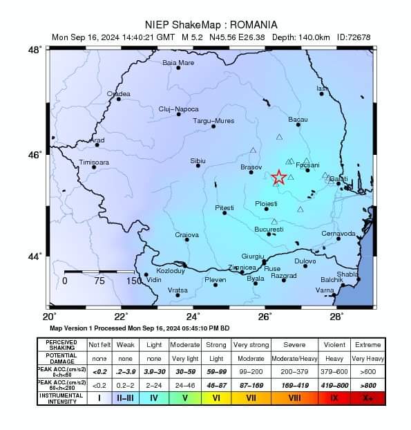 Un cutremur semnificativ cu magnitudinea ML 5.2 s-a produs în zona seismică Vrancea, Buzău, la adâncimea de 140 km