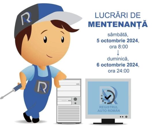 Registrul Auto Român anunță o mentenanță programată pentru perioada 5-6 octombrie 2024, în vederea îmbunătățirii performanței și securității