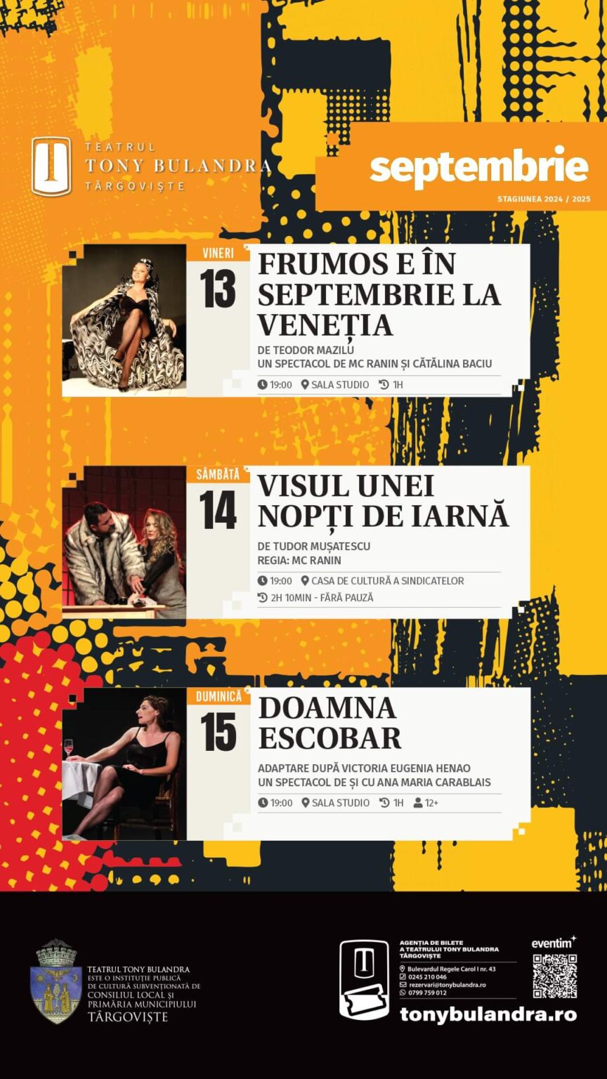 Hai la teatru! Teatrul Tony Bulandra continuă să ofere publicului momente artistice deosebite La Teatrul Tony Bulandra din Târgoviște a început STAGIUNEA 2024-2025, iar publicul este invitat să se bucure de spectacole de teatru.