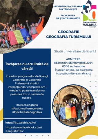 Start înscrieri în sesiunea de toamnă la specializările Geografie și Geografia turismului din cadrul Universității Valahia din Târgoviște Au început înscrierile în sesiunea de toamnă la specializările Geografie și Geografia turismului Start înscrieri în sesiunea de toamnă la specializările Geografie