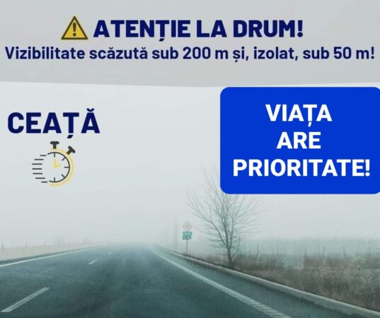 Meteorologii au emis o avertizare privind apariția condițiilor de ceață dimineața și seara, cu vizibilitate redusă sub 200 de metri