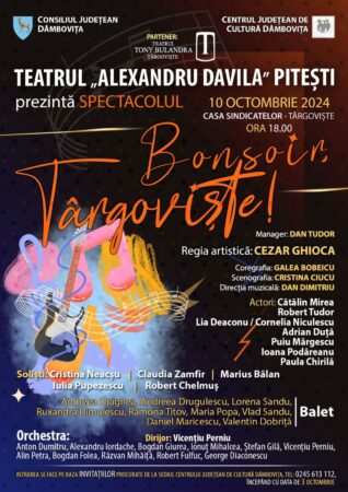 Spectacol de revistă la Casa de Cultură a Sindicatelor din Târgoviște: Teatrul „Alexandru Davila” din Pitești aduce magia pe scenă Consiliul Județean Dâmbovița, prin intermediul Centrului Județean de Cultură Dâmbovița, anunță un eveniment cultural deosebit ce va avea loc pe data de 10 octombrie 2024