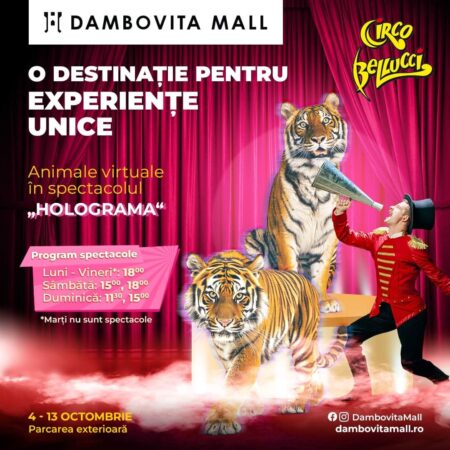 Dâmbovița Mall găzduiește un eveniment de circ inedit, oferind o experiență unică prin spectacolul „Holograma” prezentat de Circo Bellucci. Între 4 și 13 octombrie, publicul este invitat să trăiască magia tehnologiei care prinde viață într-un show impresionant.
