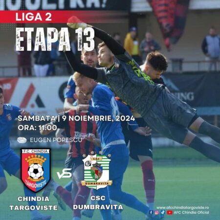 AFC Chindia Târgoviște întâlnește CSC Dumbrăvița în etapa 13 a Ligii 2, pe  9 noiembrie, stadionul "Eugen Popescu" din Târgoviște, un meci crucial.