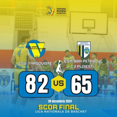 CSU Târgoviște a sărbătorit finalul anului 2024 cu o victorie convingătoare în fața celor de la CSM BBA Petrolul 2 Ploiești, scor 82-65