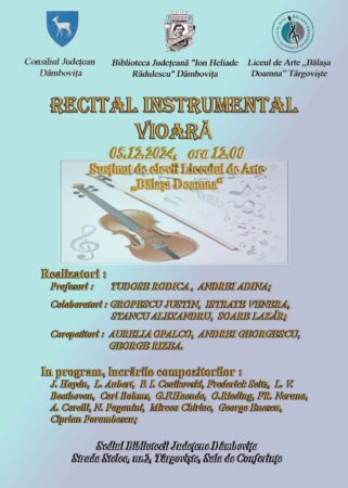 Pe 5 decembrie 2024, la ora 12:00, un eveniment cultural deosebit va aduna iubitorii muzicii la Târgoviște, în cadrul unui recital instrumental