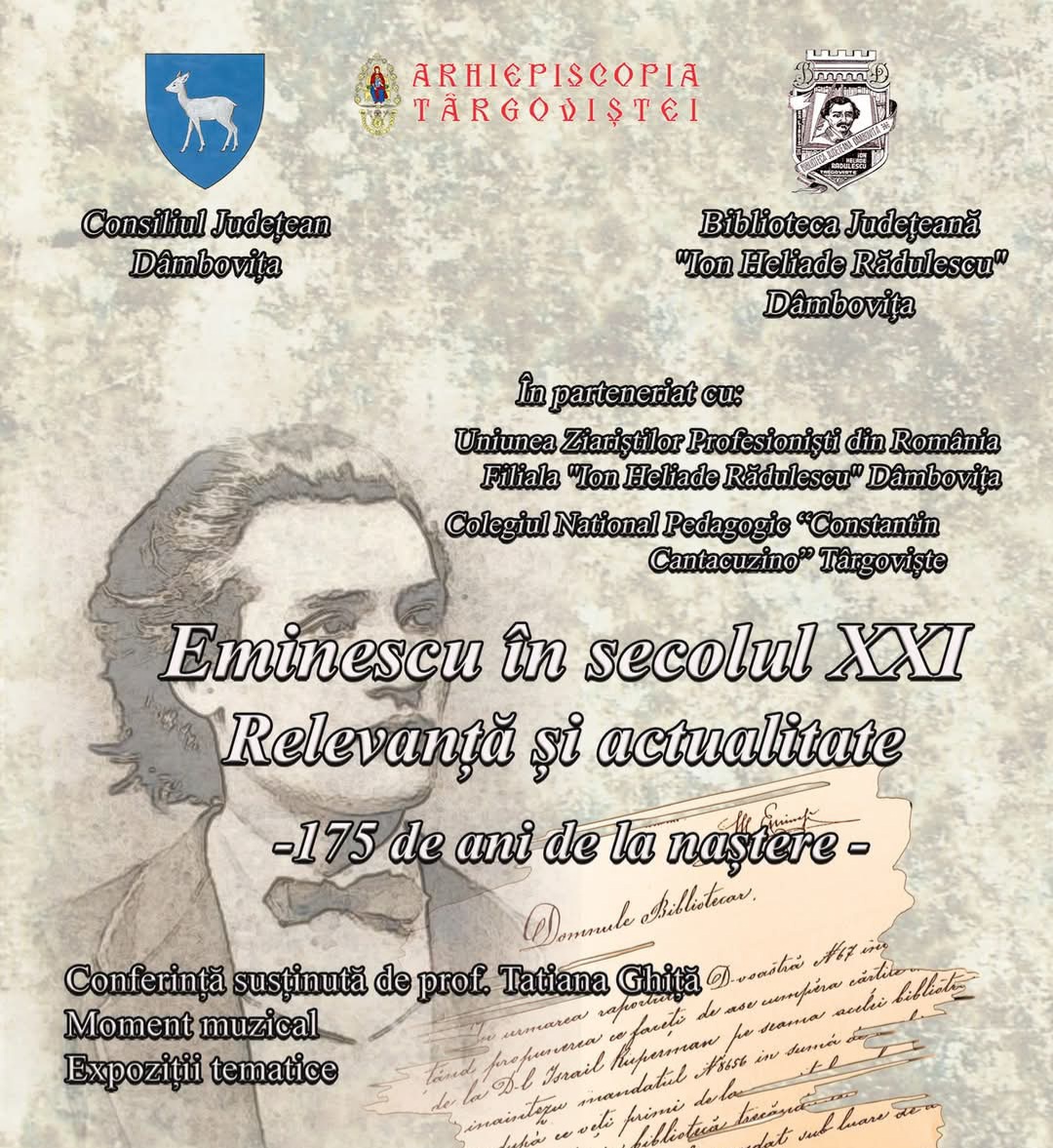 Miercuri, 15 ianuarie 2025, la ora 12:00, Biblioteca Județeană „I. H. Rădulescu” Dâmbovița, în colaborare cu Arhiepiscopia Târgoviștei