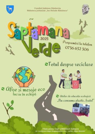 Săptămâna Verde 2025 la Biblioteca Județeană Dâmbovița: Un pas spre un viitor mai verde! Biblioteca Județeană Dâmbovița te invită să fii parte dintr-o săptămână plină de activități educative, interactive și distractive, dedicate protejării mediului înconjurător!