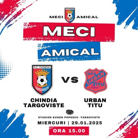 Astăzi, meci amical între Chindia Târgoviște și Urban Titu: Intrare liberă și atmosferă deosebită pe Stadionul Eugen Popescu Fotbalul revine pe Stadionul Eugen Popescu, iar iubitorii sportului din Târgoviște sunt invitați să participe la un meci amical electrizant între echipa locală