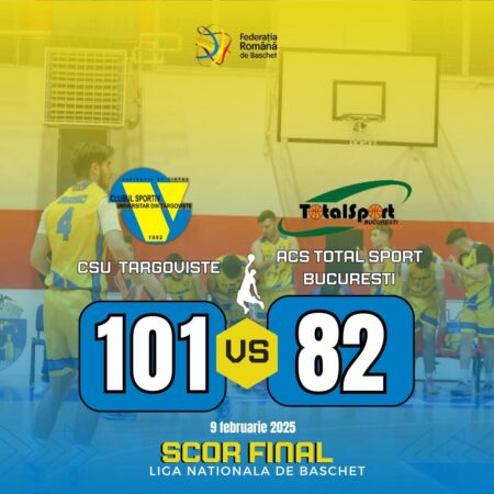 CS Universitar Târgoviște, victorie de senzație în fața ACS Total Sport București! Într-o atmosferă incendiară în Sala Ioan Valerian din Târgoviște, echipa de baschet CS Universitar Târgoviște a obținut o victorie categorică, învingând ACS Total Sport București cu scorul de 101-82.