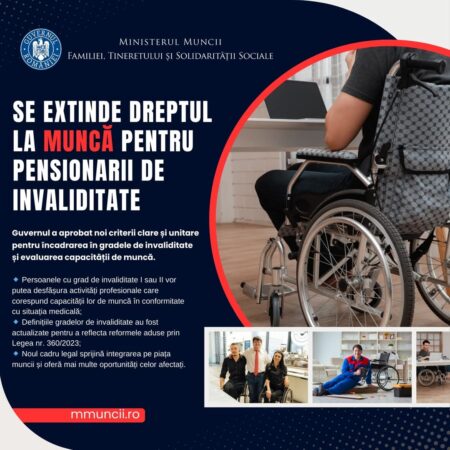 OFICIAL: Pensionarii cu dizabilități pot să rămână activi pe piața muncii Guvernul a adoptat noi reglementări care le permit pensionarilor cu invaliditate gradul I și II să continue să muncească, adaptându-se la capacitatea lor de muncă.