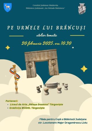 „Pe urmele lui Brâncuși”, atelier creativ pentru copiii preșcolari la Biblioteca Județeană Dâmbovița Descoperă magia artei lui Brâncuși! Biblioteca Județeană Dâmbovița invită toți copiii preșcolari la un atelier tematic inedit dedicat marelui sculptor român Constantin Brâncuși.
