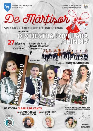 CJ Dâmbovița vă invită în această seară, la un spectacol folcloric de excepție Astăzi, 27 martie 2025, Târgoviște va găzdui un spectacol folcloric impresionant dedicat dragostei și femeii, intitulată „De Mărțișor”. Evenimentul va începe la ora 18:00 și va avea loc la Liceul de Arte „Bălașa Doamna”.