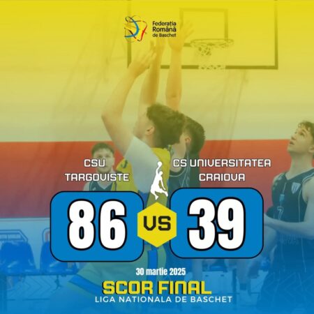 CS Universitatea Târgoviște obține o victorie spectaculoasă împotriva CSU Craiova, scor 86-39 Echipa de baschet masculin a CS Universitatea Târgoviște a reușit o victorie impresionantă într-un meci din cadrul competițiilor interne, în fața celor de la CSU Craiova,