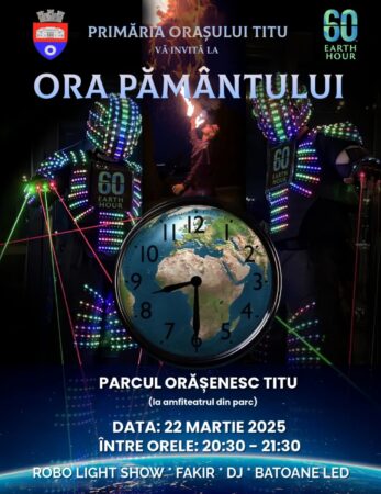Primăria Titu invită locuitorii orașului la un eveniment special de „Ora Pământului”, care va avea loc pe 22 martie 2025, între orele 20:30 și 21:30, în zona Amfiteatrului din Parcul Orășenesc. Evenimentul promite o seară de neuitat, cu un spectacol inedit, în care participanții vor avea ocazia să stingă luminile și să aprindă magia cu ajutorul unor baghete luminoase.