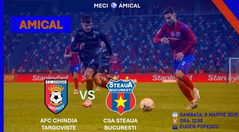 Meci amical de poveste la Târgoviște: Chindia Târgoviște va întâlni Steaua București Pe 8 martie 2025, iubitorii fotbalului din Târgoviște sunt invitați să asiste la un meci amical de neuitat, în care Chindia Târgoviște va întâlni CSA Steaua București, pe stadionul Eugen Popescu. Partida va începe la ora 12:00, iar accesul spectatorilor va fi gratuit.