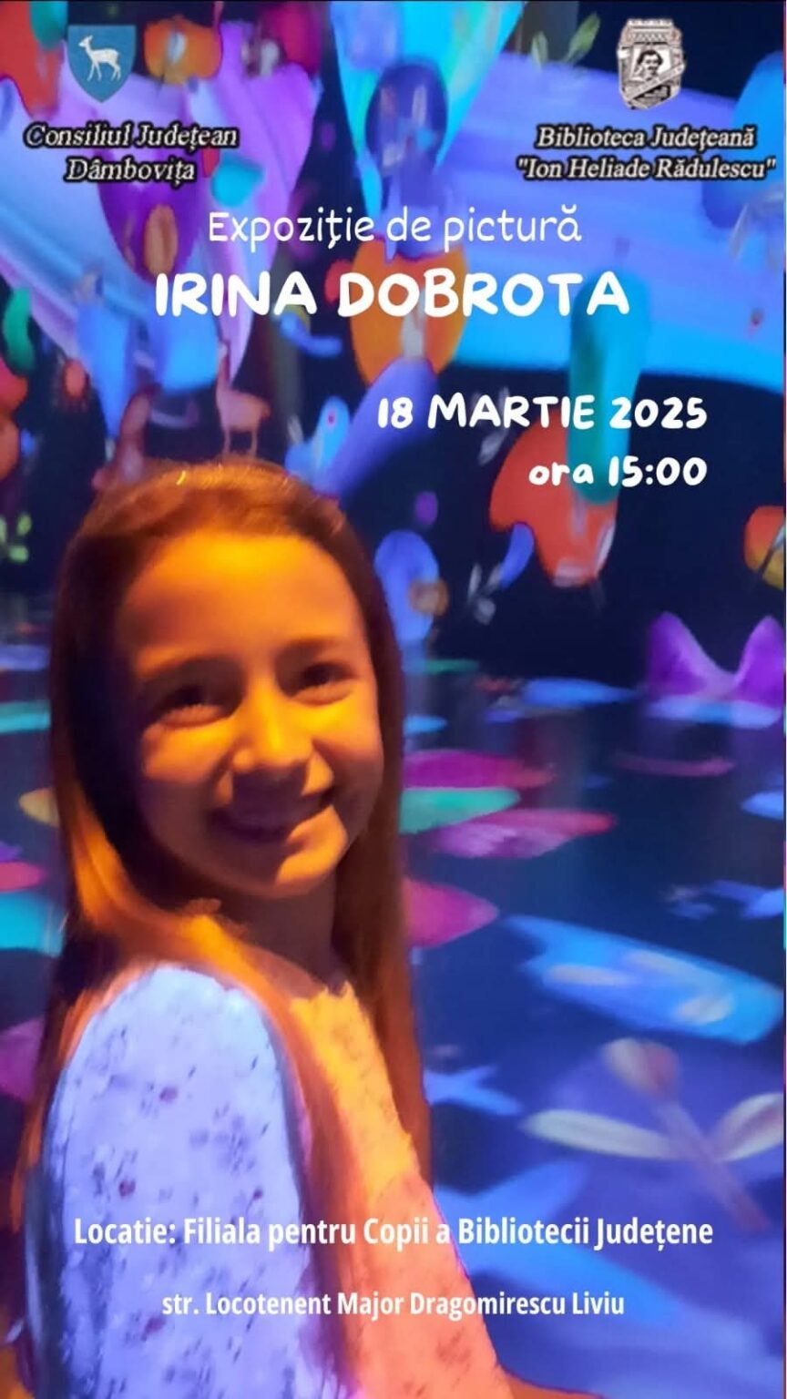 Marți, 18 martie 2024, la ora 15:00, Biblioteca Județeană „I.H. Rădulescu” – Filiala pentru copii va găzdui un vernisaj special al unei expoziții de pictură realizată de artista Irina Dobrota
