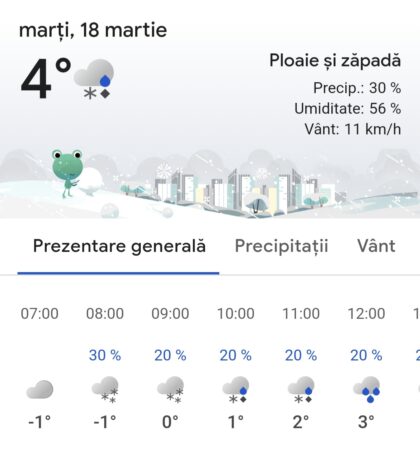 Tot județul Dâmbovița este sub INFORMARE METEO de PLOI, LAPOVIȚĂ, BURNIȚĂ, VÂNT și ÎNGHEȚ În județul Dâmbovița, între 17 martie, ora 10:00 și 20 martie, ora 10:00, este în vigoare o informare meteorologică ce anunță condiții extreme de vreme