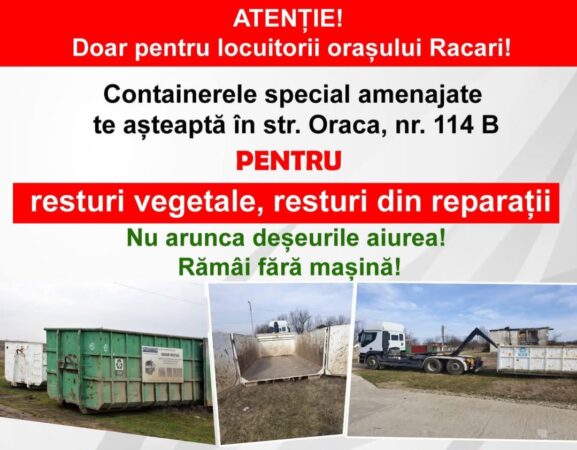 Primăria Răcari avertizează agenții economici: Depozitarea deșeurilor în containerele pentru persoane fizice se sancționează Primăria Răcari adresează un avertisment clar agenților economici, subliniind că depozitarea deșeurilor în containerele destinate persoanelor fizice este strict interzisă și va fi sancționată conform Hotărârii Consiliului Local nr. 65/26.06.2020.