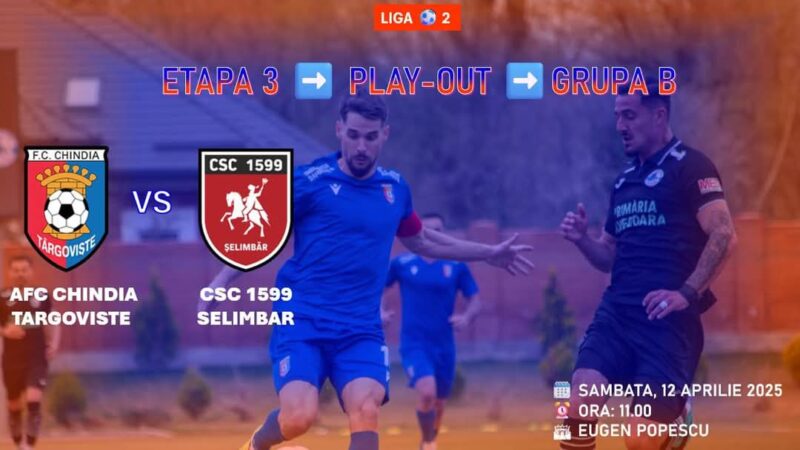 Bilete pentru meciul Chindia Târgovişte- CSC 1599 Șelimbăr , etapa 3 din Play-Out, Grupa B Pe 12 Aprilie, la ora 11:00, Chindia Târgovişte va întâlni CSC 1599 Șelimbăr pe stadionul Eugen Popescu, într-un meci din etapa 3 a Play-Out-ului, Grupa B.