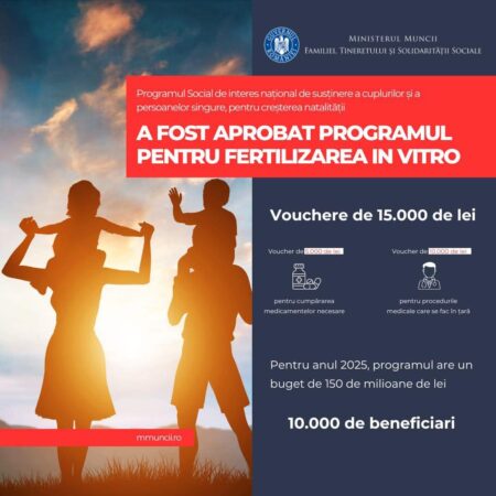 Guvernul relansează Programul de Fertilizare In Vitro pentru a sprijini familiile din România Guvernul României a aprobat ieri continuarea Programului social de susținere a cuplurilor și persoanelor singure care se confruntă cu probleme de fertilitate. În 2025, 10.000 de persoane vor beneficia de un ajutor financiar pentru a-și îndeplini visul de a deveni părinți.