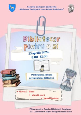 Micii bibliotecari preiau controlul: Zi specială la Biblioteca Județeană Dâmbovița, de Ziua Bibliotecarului Cu ocazia Zilei Naționale a Bibliotecarului Român, sărbătorită pe 23 aprilie, Biblioteca Județeană Dâmbovița – Filiala pentru Copii „Ioan Alexandru Brătescu-Voinești” le face o propunere inedită celor mai tineri iubitori de carte: să devină bibliotecari pentru o zi!