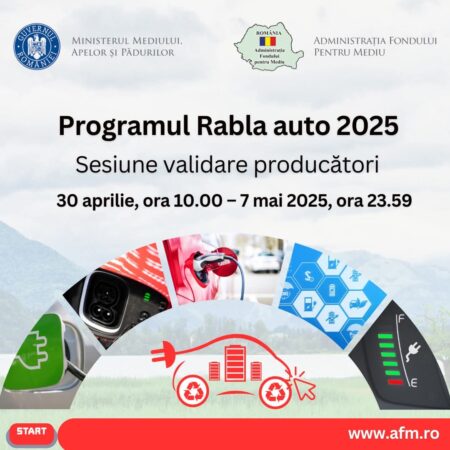 Programul Rabla Auto 2025: Începe înscrierea pentru producători Administrația Fondului pentru Mediu (AFM) a anunțat deschiderea sesiunii de înscriere pentru validarea producătorilor în cadrul Programului Rabla Auto 2025, care se va desfășura între 30 aprilie și 7 mai 2025. Această sesiune oferă posibilitatea producătorilor auto de a se valida pentru a putea participa la programul destinat înlocuirii autovehiculelor vechi cu unele mai ecologice.