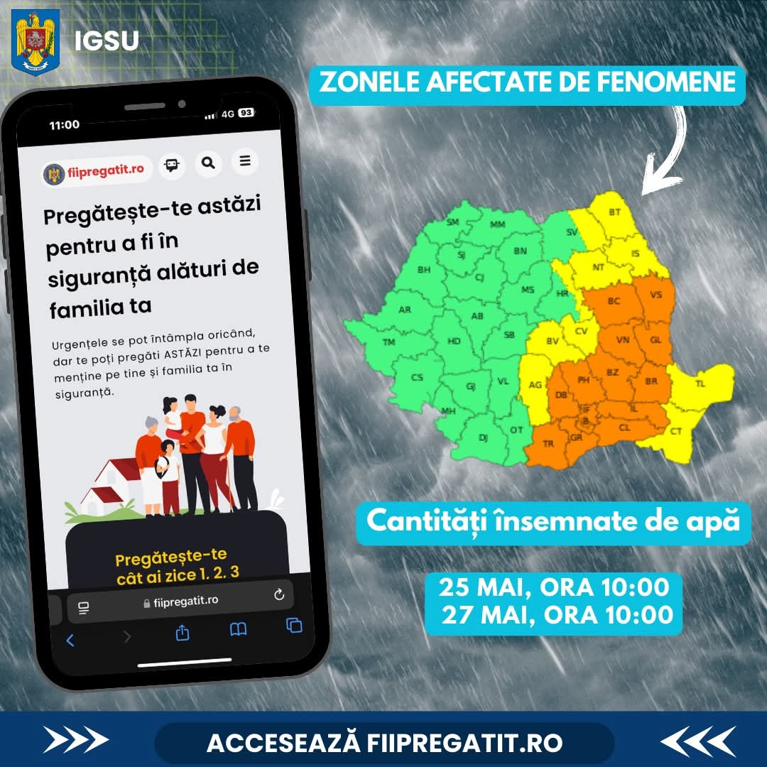 ALERTĂ METEO: Tot județul Dâmbovița este sub COD PORTOCALIU de PLOI TORENȚIALE