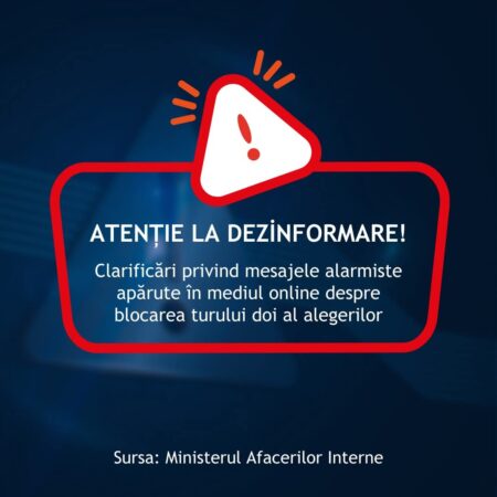 Atenție la dezinformare: MAI confirmă că turul doi al alegerilor din 18 mai 2025 se va desfășura fără probleme Atenție la dezinformare: MAI confirmă că turul doi al alegerilor din 18 mai 2025 se va desfășura fără probleme