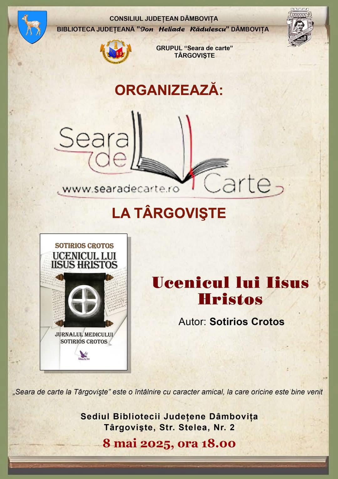 „Seara de carte la Târgoviște”, o întâlnire literară plină de inspirație, pe 8 mai