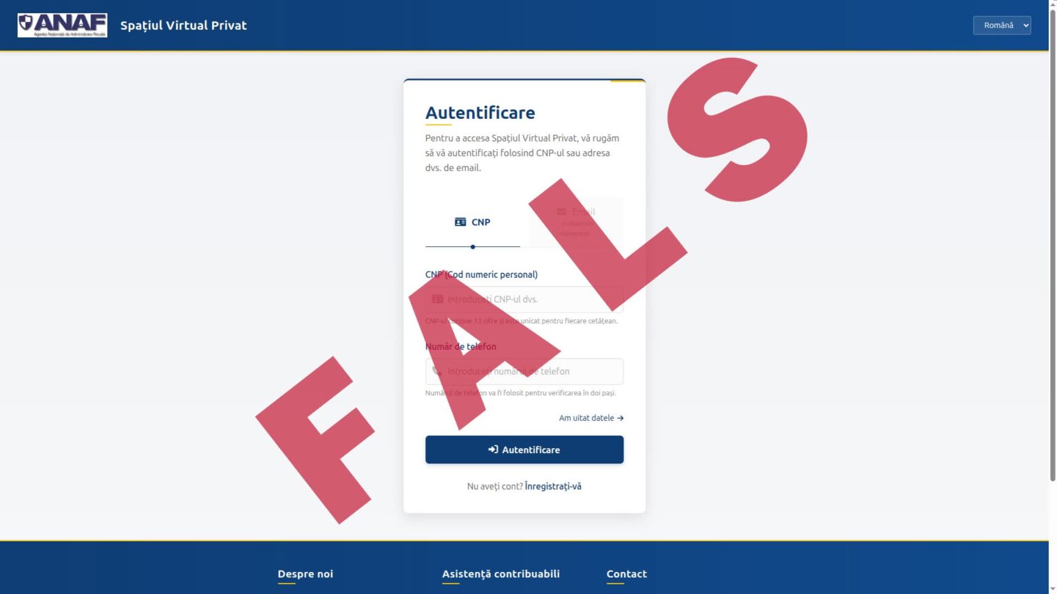 Atenționare importantă: Site fals care imită identitatea ANAF, tentativă de phishing Atenționare importantă: Site fals care imită identitatea ANAF, tentativă de phishing