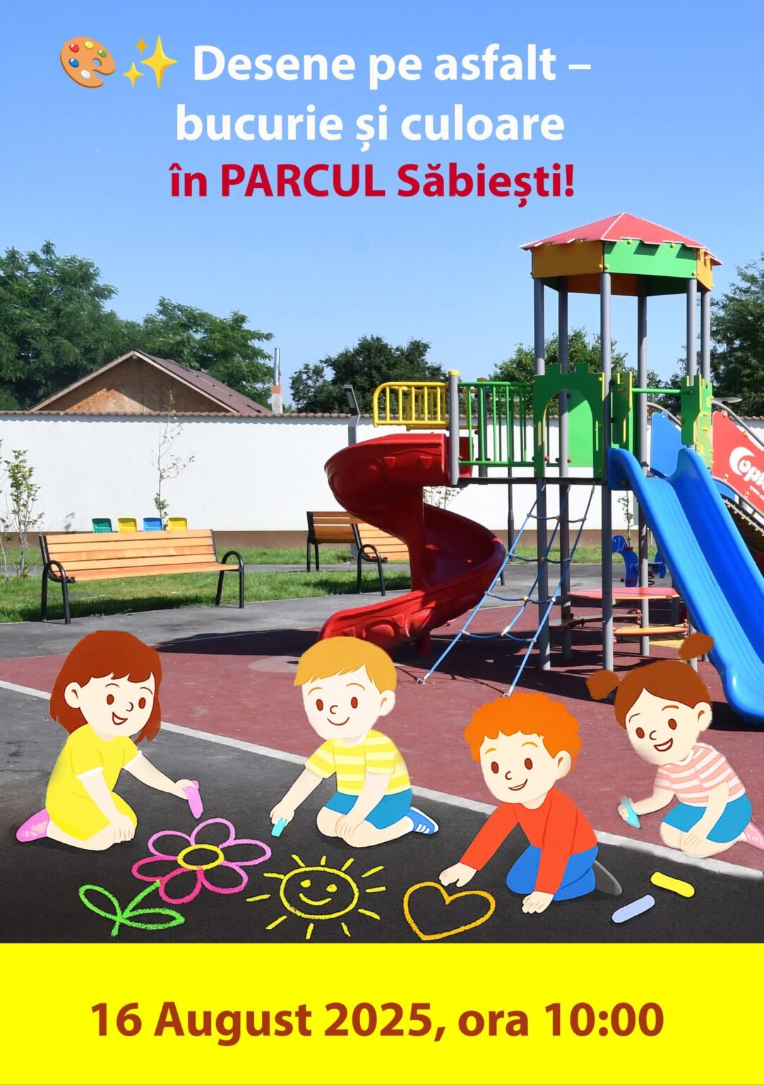  Bucurie și culoare în Parcul Săbiești din Răcari : Desene pe asfalt pentru cei mici!