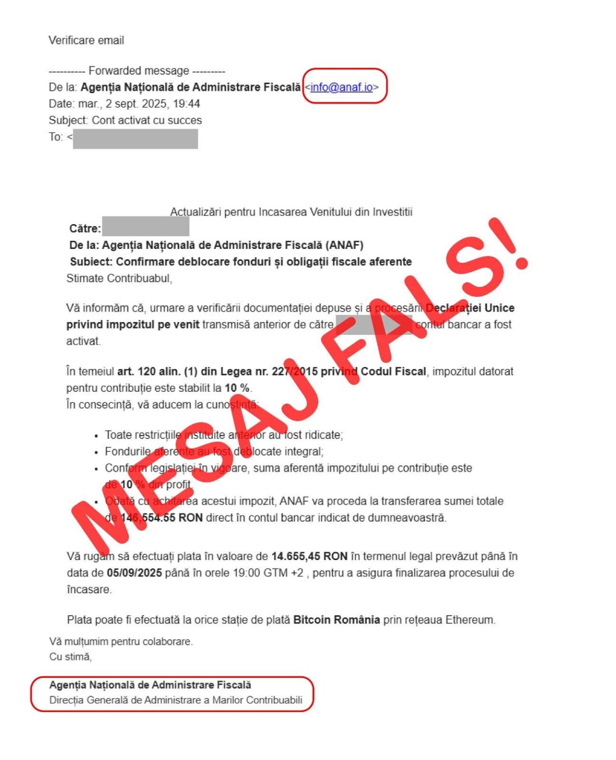 ANAF avertizează contribuabilii cu privire la mesaje false transmise în numele instituției