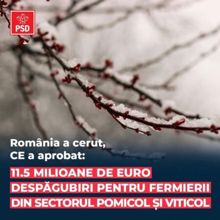 România primește 11,5 milioane de euro de la Comisia Europeană pentru despăgubirea fermierilor afectați de înghețul târziu din primăvara acestui an