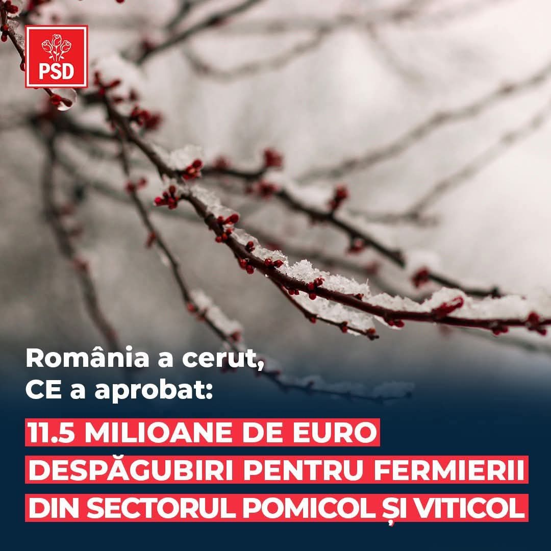 România primește 11,5 milioane de euro de la Comisia Europeană pentru despăgubirea fermierilor afectați de înghețul târziu din primăvara acestui an