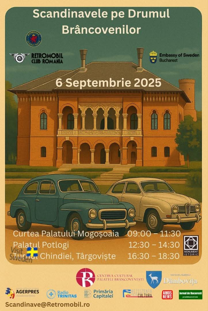"Scandinavele pe Drumul Brâncovenilor”, o expoziție auto itinerantă între palate și istorie