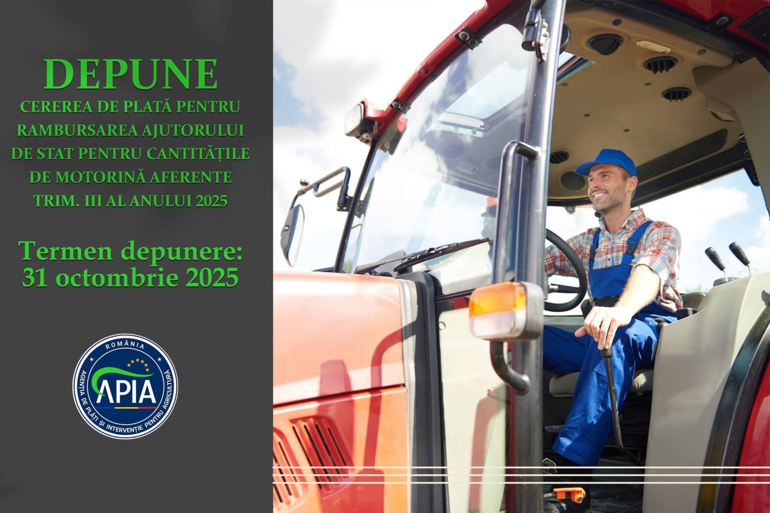 APIA primește cereri pentru rambursarea accizei la motorină utilizată în agricultură, trimestrul III 2025