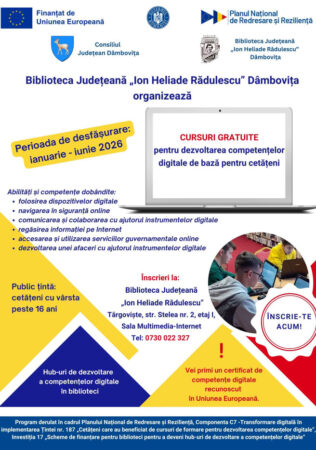 Cursuri gratuite de competențe digitale pentru cetățeni, la Biblioteca Județeană Dâmbovița