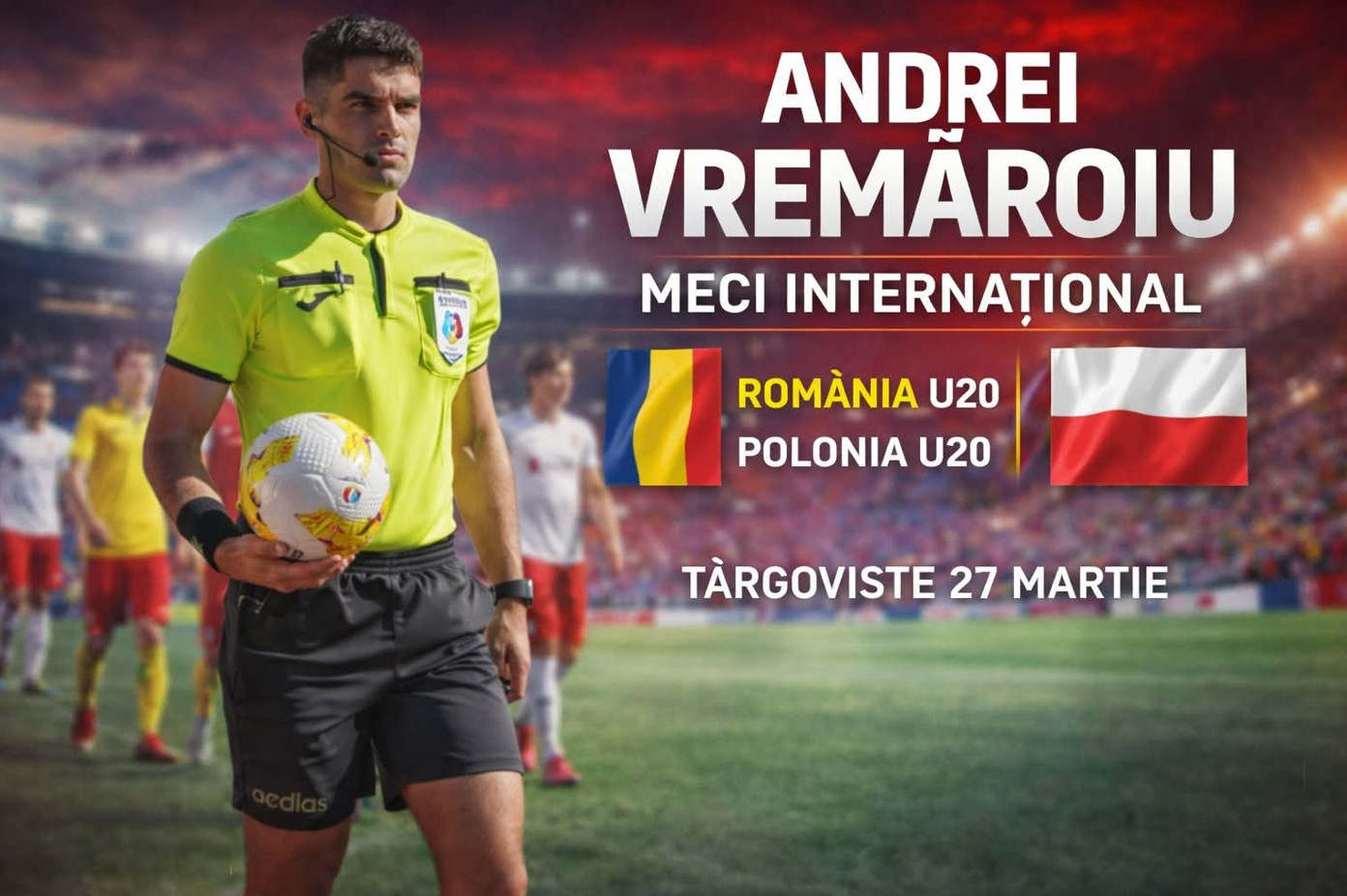 Meci internațional România U20 – Polonia U20 se joacă la Târgoviște: Arbitru dâmbovițean la centru