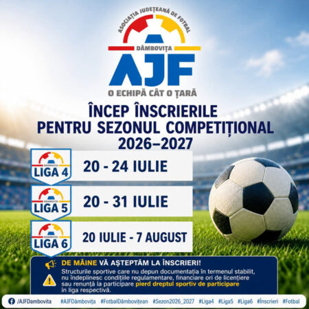 AJF Dâmbovița dă startul înscrierilor pentru sezonul competițional 2026-2027 AJF Dâmbovița dă startul înscrierilor pentru sezonul competițional 2026-2027